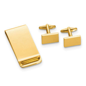 Gold-tone Rectangular Engravable Cuff Link and Men's Gifts Money Clip Set